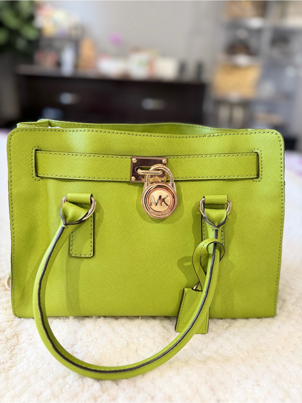 Michael Kors Lime Green Saffiano Satchel with Gold-Tone MK Charm